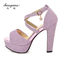 Fanyuan/шикарные женские босоножки женская летняя обувь свадебные туфли с открытым носком женские блестящие туфли на высоком каблуке с перекрестной шнуровкой и пряжкой