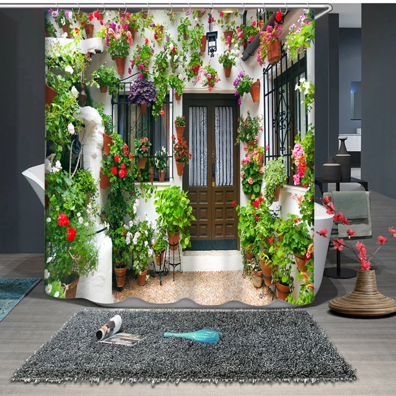 Beste Custom Size 3D Douchegordijnen Muren Bedekt met Bloemen Patroon Bad Gordijn Waterdicht Stoffen Badkamer Gordijnen Producten