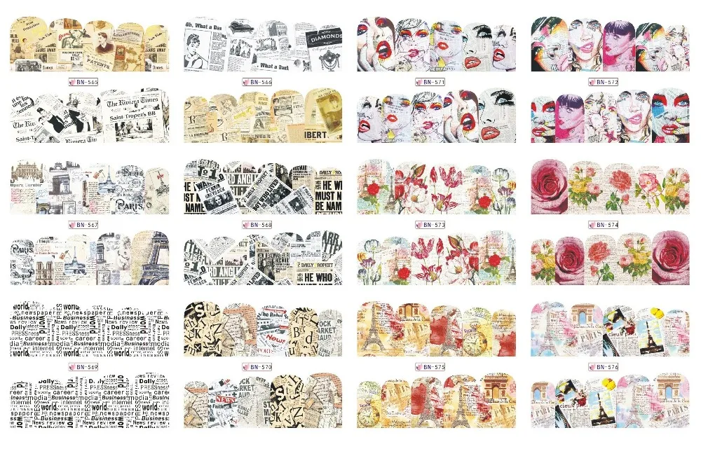 

UPRETTEGO 12 PACKS / LOT NAIL ART BEAUTY WATER DECAL SLIDER NAIL ENGLISH OLD NEWS PAPER KISS LIPS FLOWER ROSE BN565-576