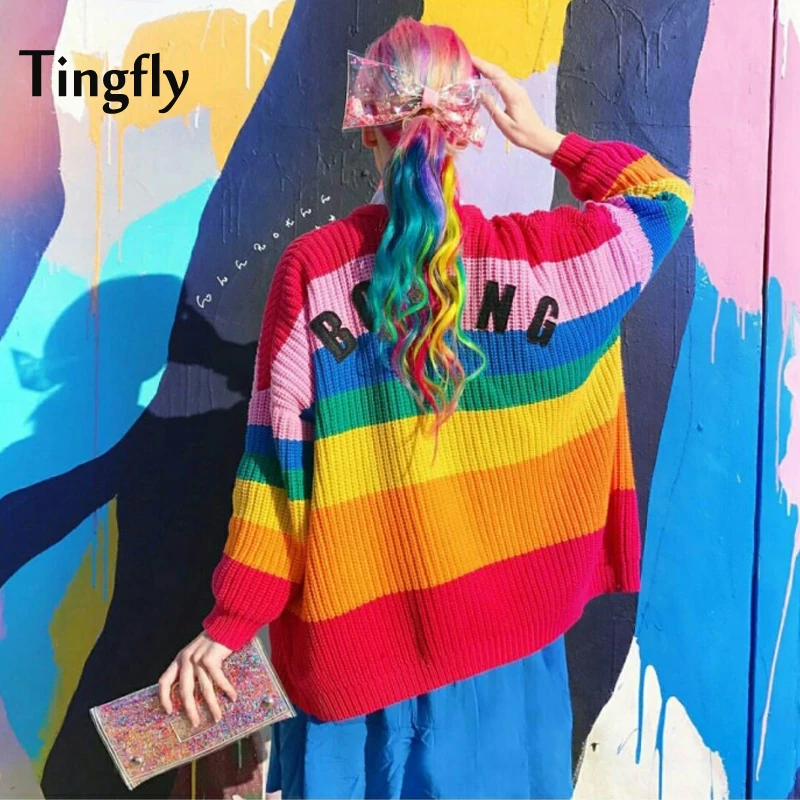 

Tingfly Spring Autumn New Rainbow Striped Women Sweater Cardigan Love Embroidery Letter BORING Paste Lazy Loose Knitted Tumblr