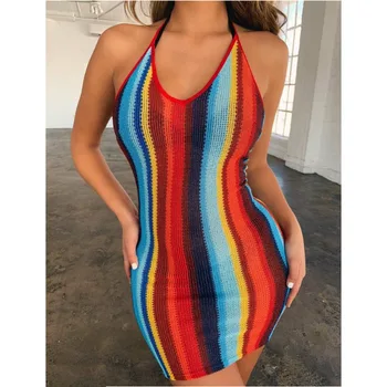 

Boho Halter Neck Sleeveless Women Rainbow Color Stripe Print Mini Dress 2019 Summer Beach Vacation Sexy Backless Bodycon Dresses