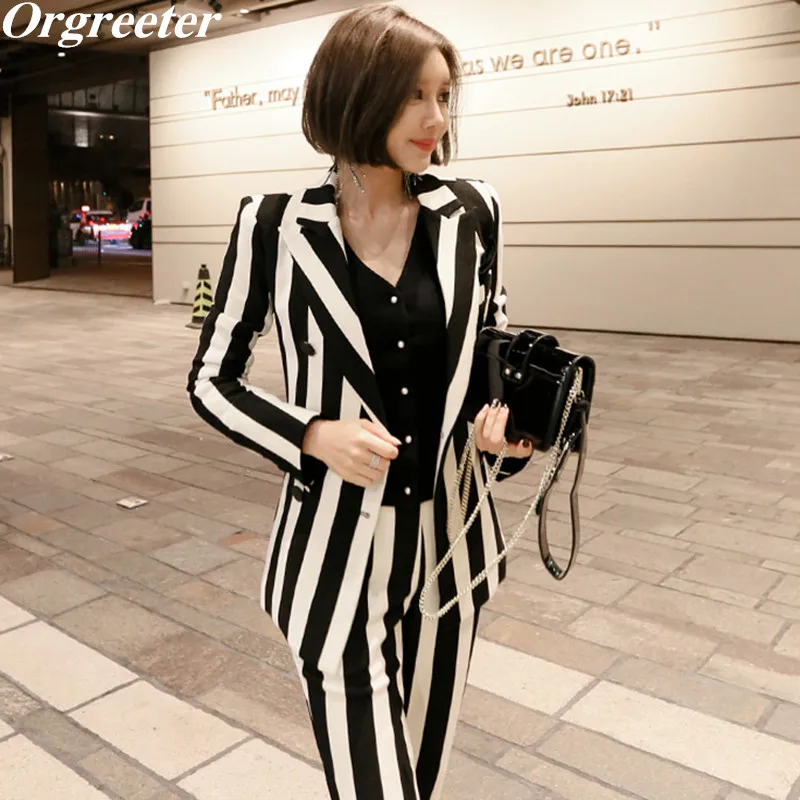 Women Business Work Wear Black White Striped Blazer Suits