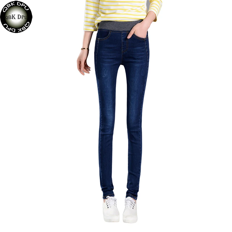 Для женщин эластичный тонкий высокая брюки с высокой талией 2018 Новые повседневные синие джинсы карандаш Штаны Большие размеры Фитнес