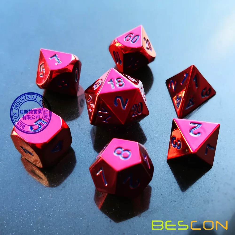 Bescon 7 шт. набор тяжелых металлических игральных костей набор глянцевого цвета вина, твердый металлический многогранный D& D набор игральных костей красное вино w/синие цифры