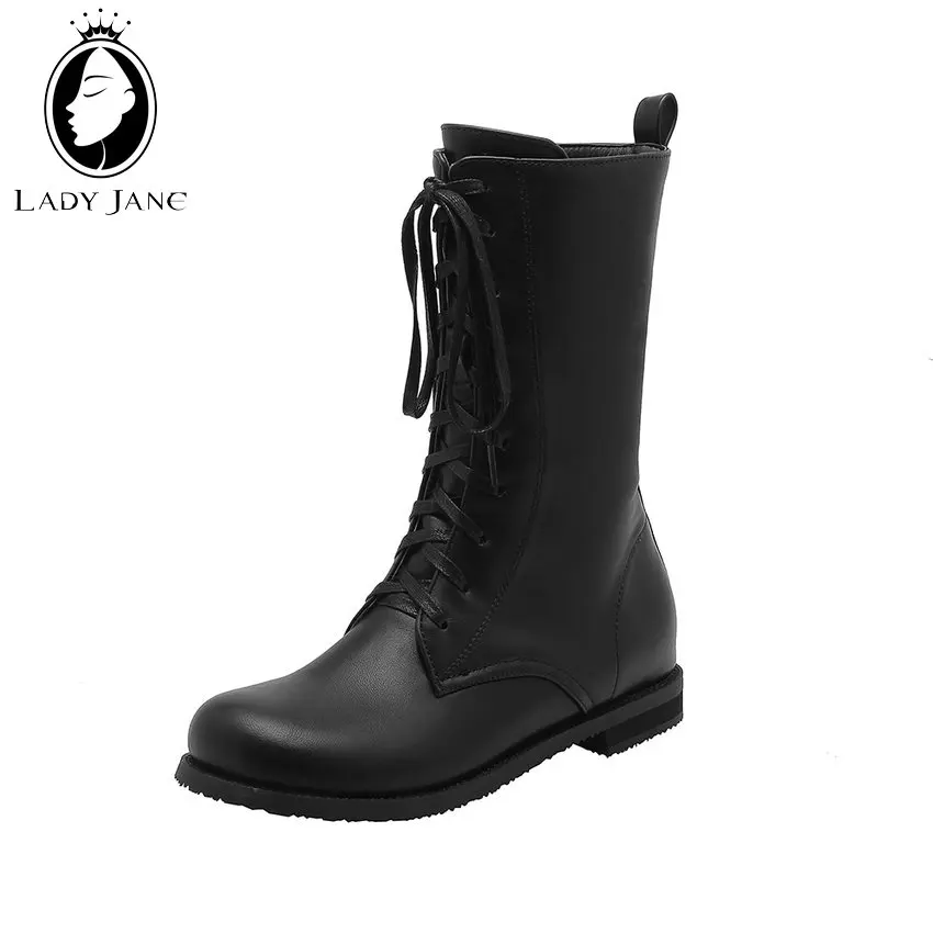 Lady Jane Black Red Lace Up Classic Martin Boots Round Toe Low Heels Plus Size 34-45 Mid Calf Boots Square Heel PU Leather Shoes - Цвет: Черный