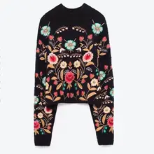 Новые тренды моды темно-синий женский Цветочный вышитый свитер с круглым вырезом и длинными рукавами джемпер Падение плеча