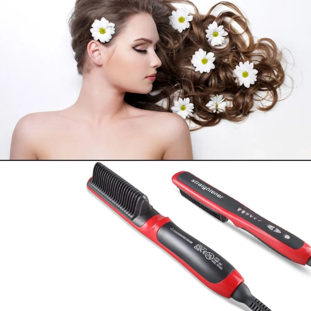 Выпрямитель для волос Прочный Электрический прямой гребень для волос щетка с ЖК-дисплеем с подогревом керамическая щетка для выпрямления бороды EU Plug