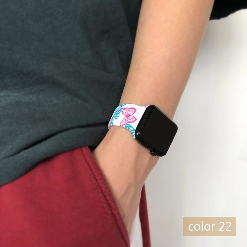 Цветочные женские ремешки для Apple watch Series 5 4 3 2 1 40 мм 44 мм силиконовый Печатный ремешок для iWatch Series 4 3 2 1 38 мм 42 мм - Цвет ремешка: Color 22