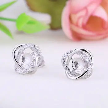 

925 Sterling Silver Women Stud Earrings Crystal 6mm 7mm Round Bead or Pearl Semi Mount Earrings Fine Jewelry Setting