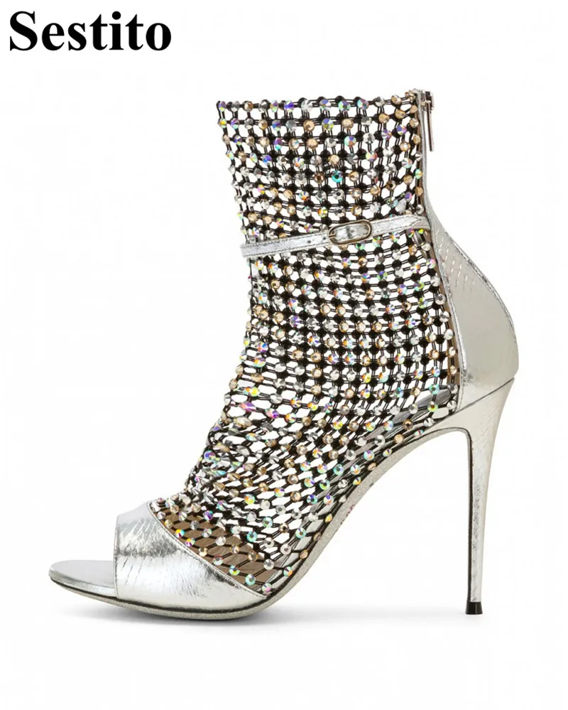 

New Fashion Black White Crystal Hollow Woman Boots Peep Toe Thin Heels Ankle Boots For Women Zip Short Boots Casual Women Shoes