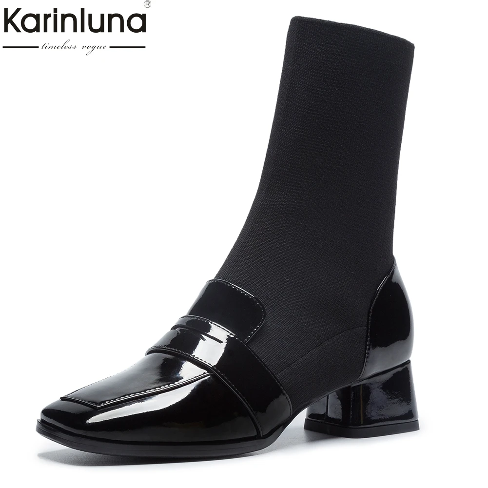 

brand design genuine cow leather stretch boots woman shoes sock boots chunky heels autumn boots female shoes woman footwear