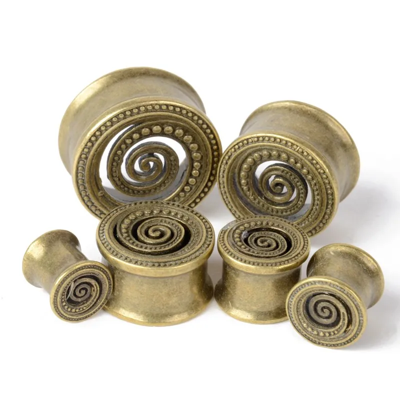 

Boho Antique Brass Dotted Spiral Metal Plug & Tunnel Jewelry Double Flared Flesh Expander Gauge Charm Body Jewelry 8-22mm