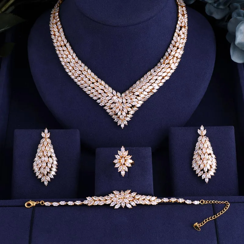 Роскошное золотое ожерелье AAA с кубическим цирконием, висячие серьги, браслет и кольцо, 4 шт., Дубай, полный свадебный ювелирный набор для женщин