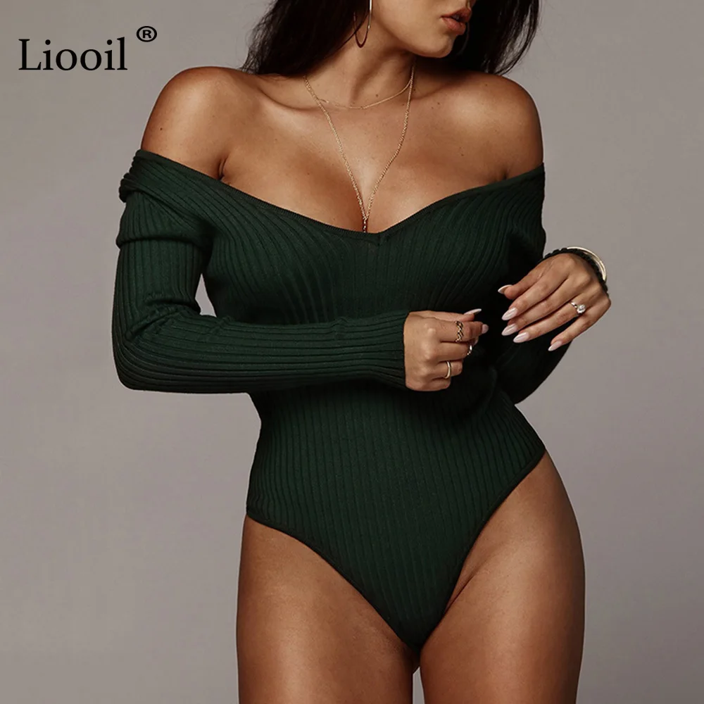 Liooil Сексуальная Bodycon вязаные комбинезоны черный, белый цвет Комбинезоны для Для женщин 2019 Весна длинным рукавом с v-образным вырезом