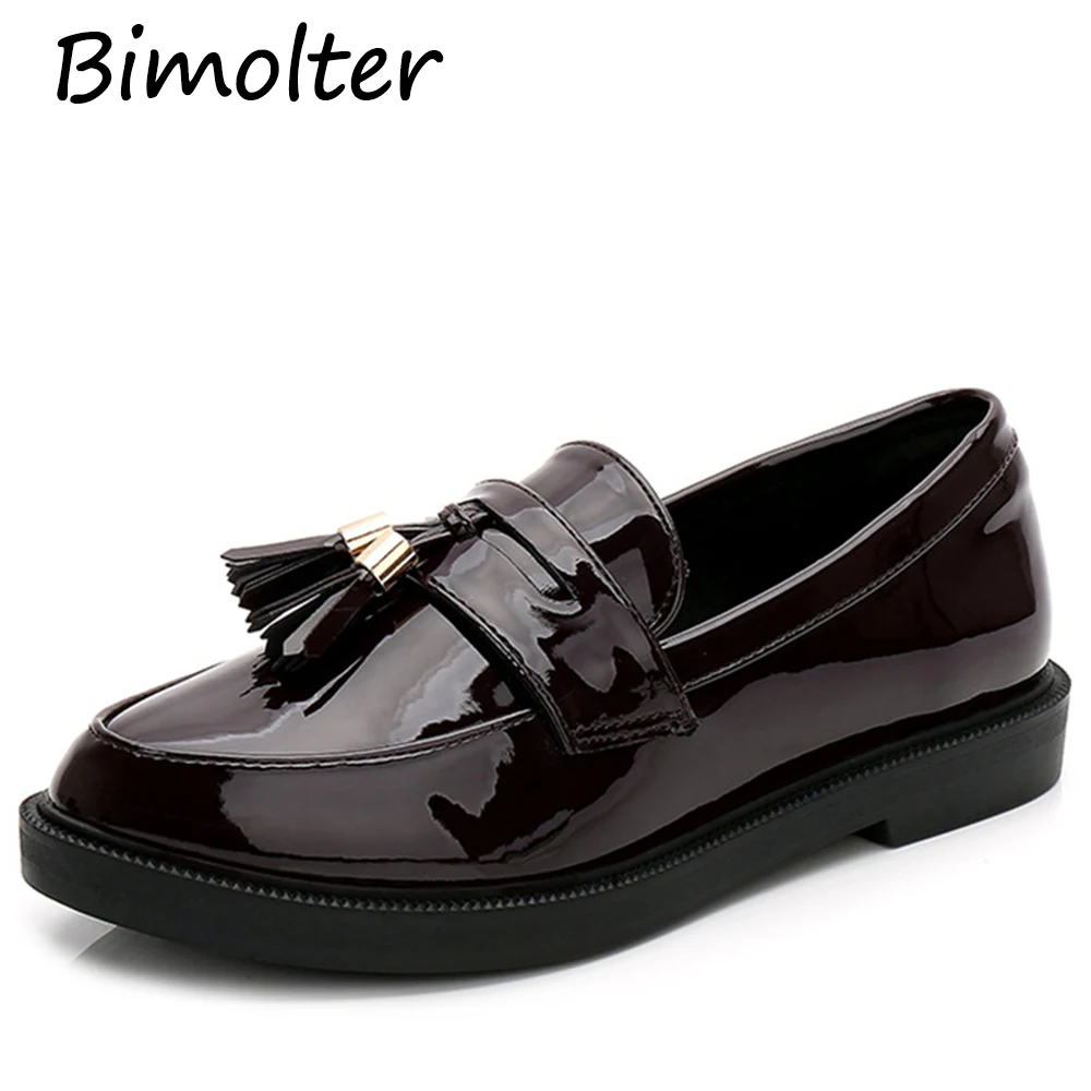 

Bimolter Women Low Heels Fashion Patent Leather Oxford Shoes Slip On Classic Fringe Flat Loafers Female Casual Footwear PFEB040
