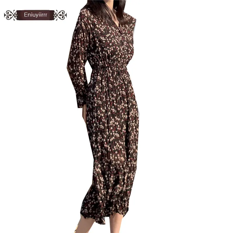 

Vintage Dresses Hot Sales Woman Long Sleeve Slim Elastic Waist A Line Red Black Floral Print Temperament Dress Long E303