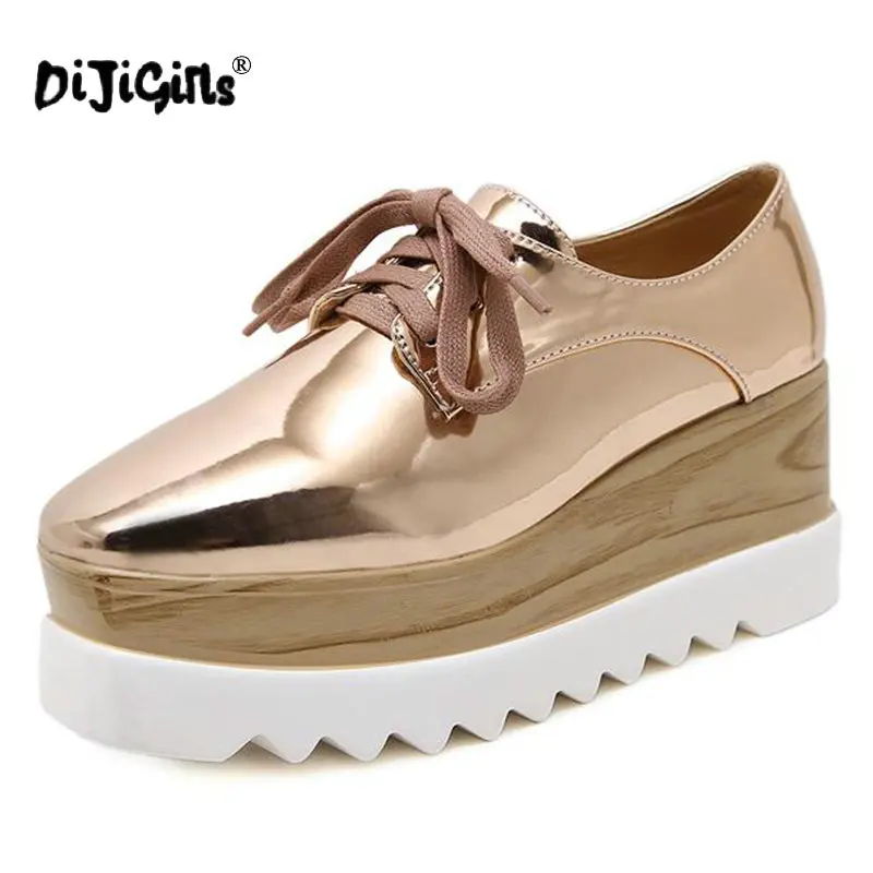 

DIJIGIRLS 2018 European Famous Brand Brogue Shoes Woman Spring Patent Leather Oxford Platform Shoes Lace-Up Creepers Bullock