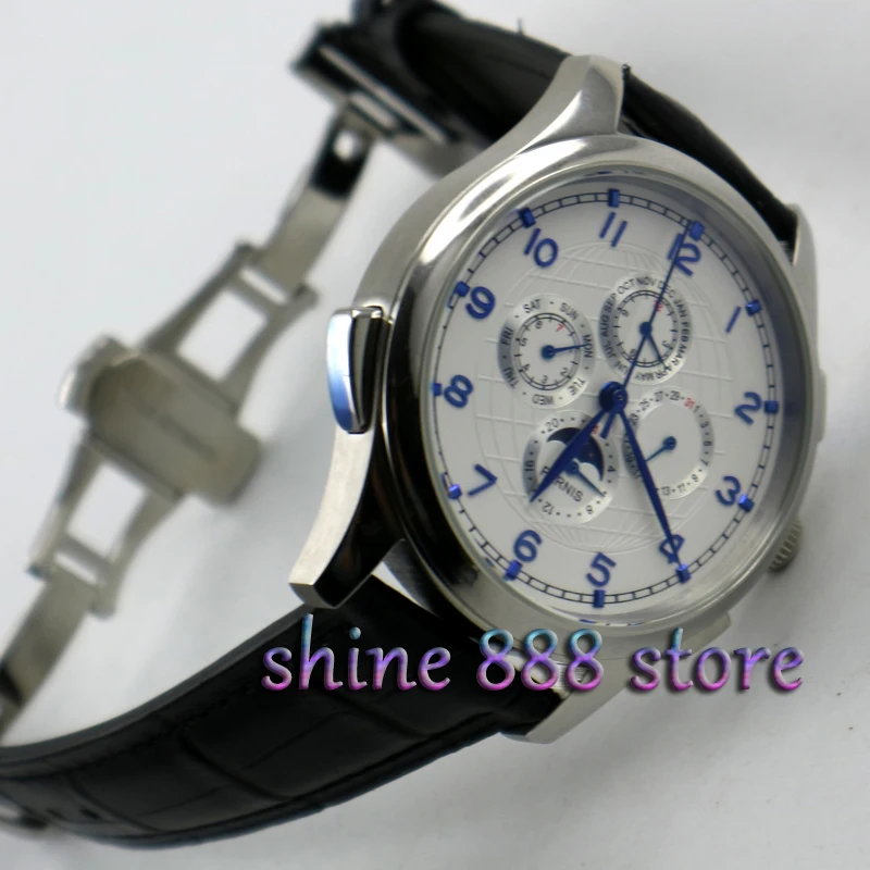 

Parnis 44mm White dial Black strap Moon Phase Multifunction deployment clasp Automatic movement men's watch