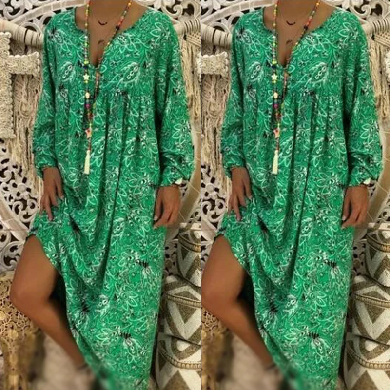 

Women Dress Ladies Beach Floral Print Fashion Boho Stylish Long Sleeves Retro