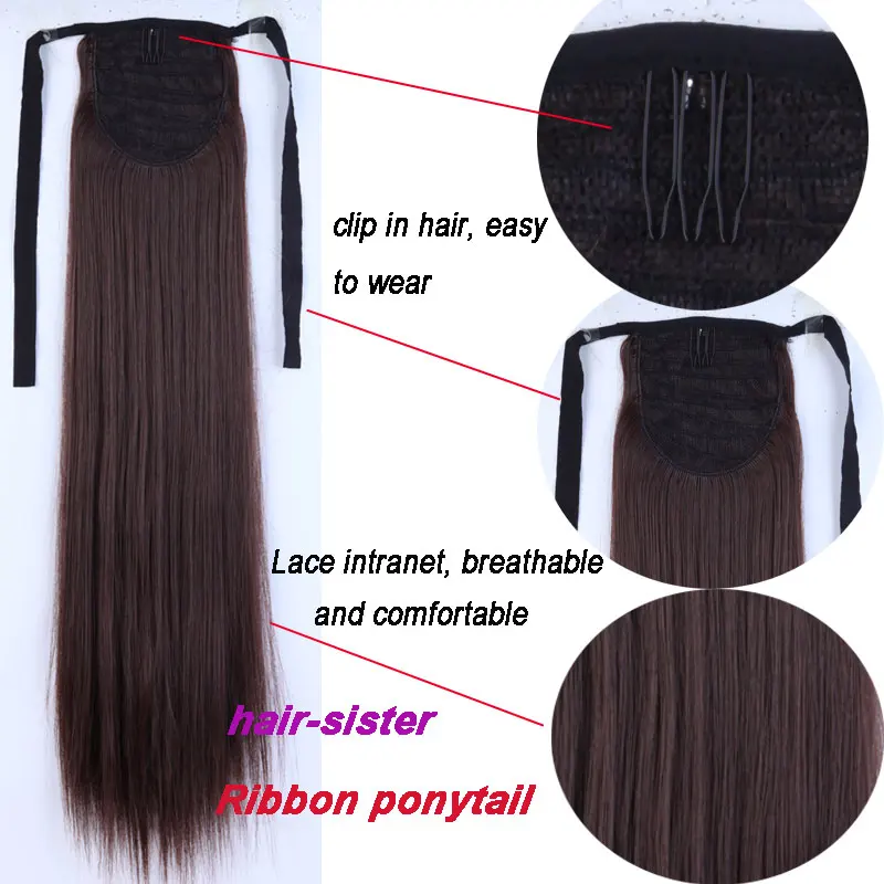 S-noilite Long Wavy Ponytail Synthetic Hair Clip in Hair Extension Natural Hair Pieces Ribbon Wrap Around Black Brown
