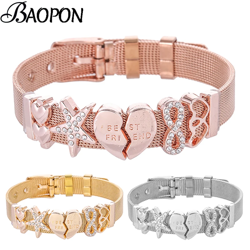 

BAOPON High Quality Stainless Steel Mesh Bracelet With BEST FRIEND Crystal Charm Fine Bracelet Bangle As Friend Women Gift