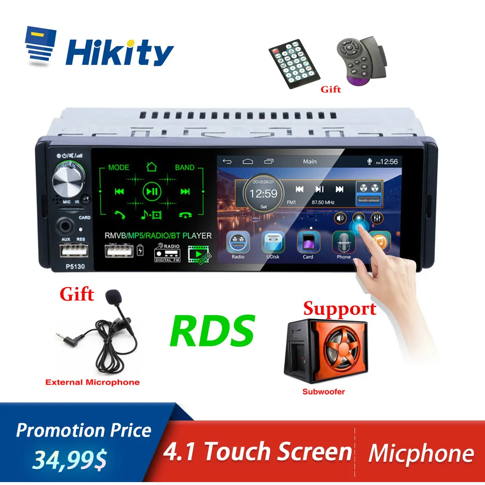 Автомагнитола Hikity RDS, автомагнитола, Bluetooth, 1 din, автомагнитола, 4,1 дюймов, сенсорный экран, мультимедиа, MP5 плеер, поддержка микрофона и камеры