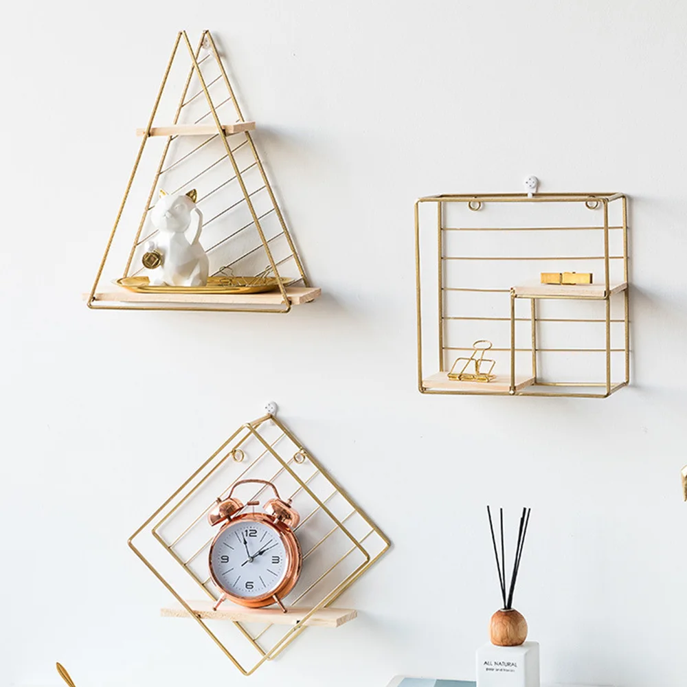 

Innovative Wooden Iron Wall Clock Wall Decor Bedroom Hanging Shelf Hexagon Simple Living Dining Room Balcony Pendant