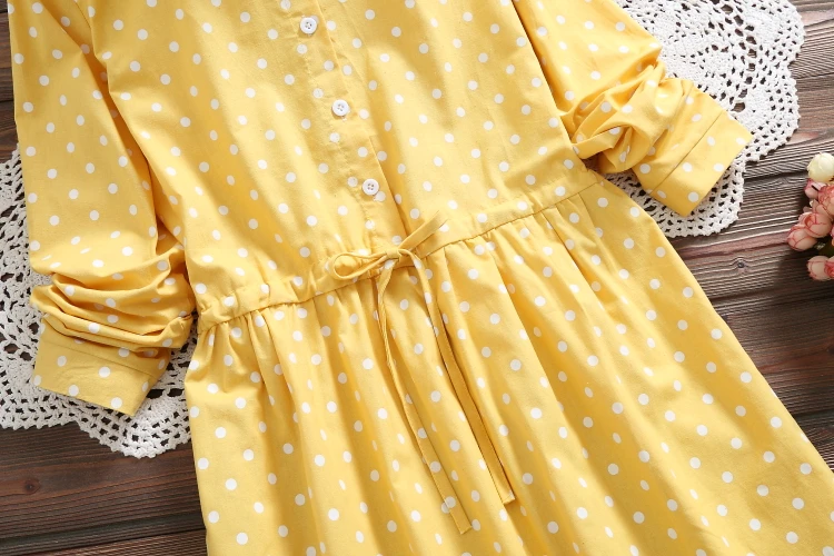Нежное женское платье весна-осень,женственное платье в горошек,милое свободное платье,хлопковое повседневное платье,желтого и розового цвета,с завязчиками и длинным рукавом