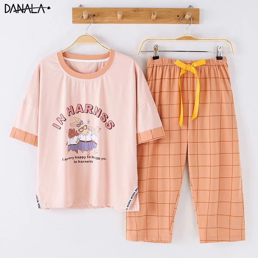 

DANALA Cotton Casual Women Sleepwear Sets Summer Cute Animals Print Vogue Short Sleeve Pajamas Sets Women Home Suits Nightwear