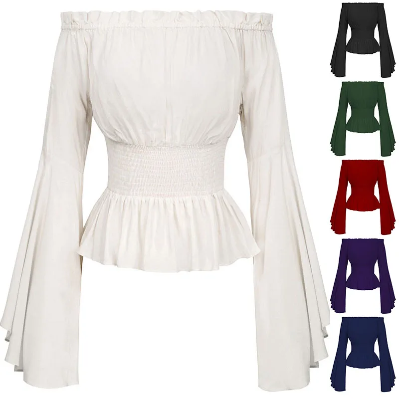 Elegant Women Sexy Long Flare Sleeve Blouse Camisas Mujer New Fashion Off Shoulder Vintage Shirt Corset Blouse Tops Femme Blusas