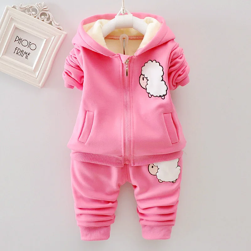 

Girls Autumn Winter Hello Kitty Hooded Set Plus Velvet jacket Sports Suit Warm Pant Floewr 2pcs Casual Outfit Baby Kids Clothing