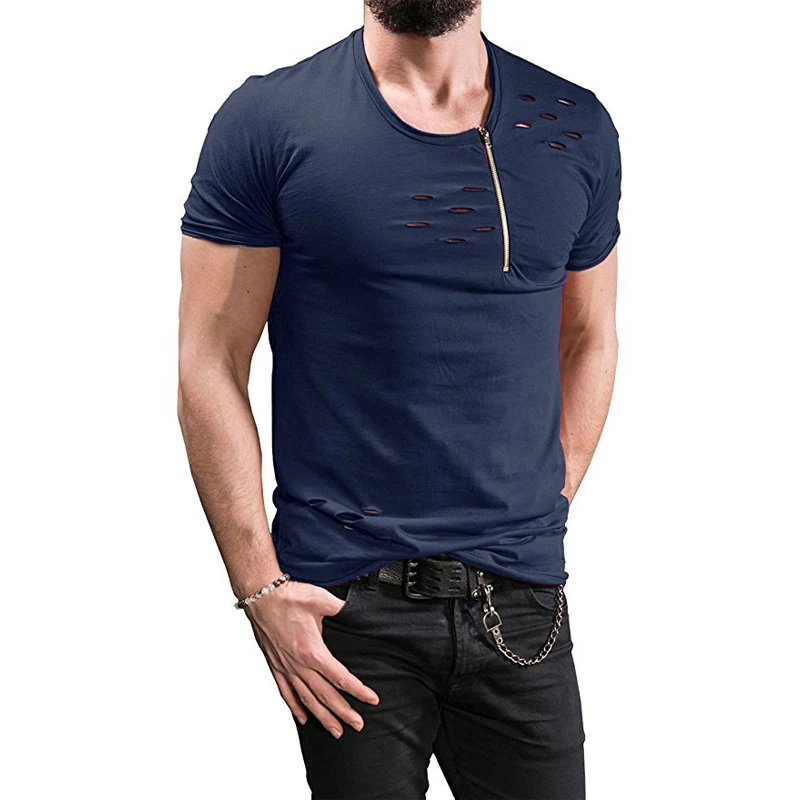 Uwback Summer Men's Plus Size 3XL Short Sleeve Ripped Hole Zipper Casual Hip Hop T-Shirts image 2