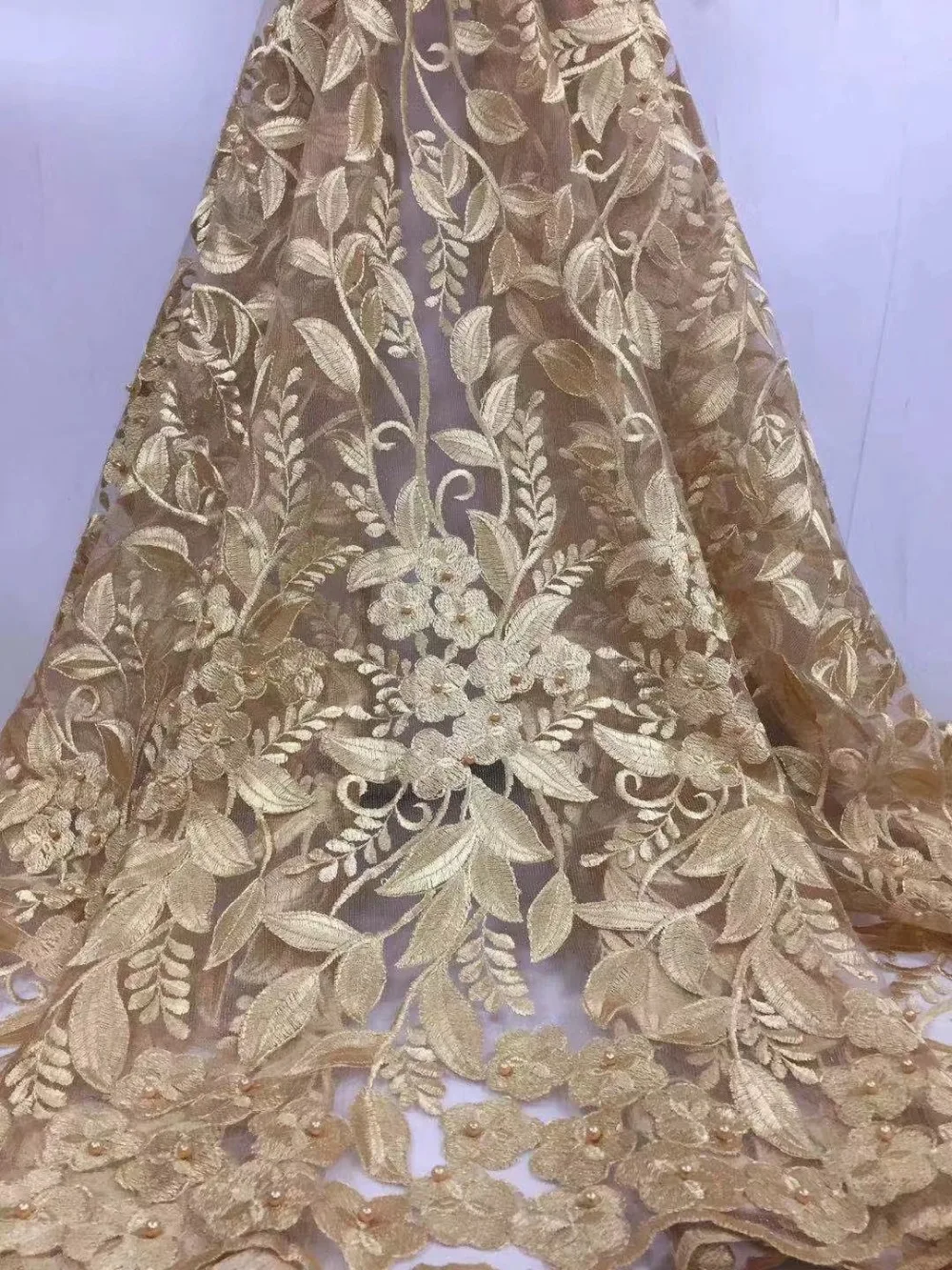 

Latest African Lace Fabric 2018 Nigerian White High Quality French Lace African Cord Net Mesh Beaded Lace Fabric