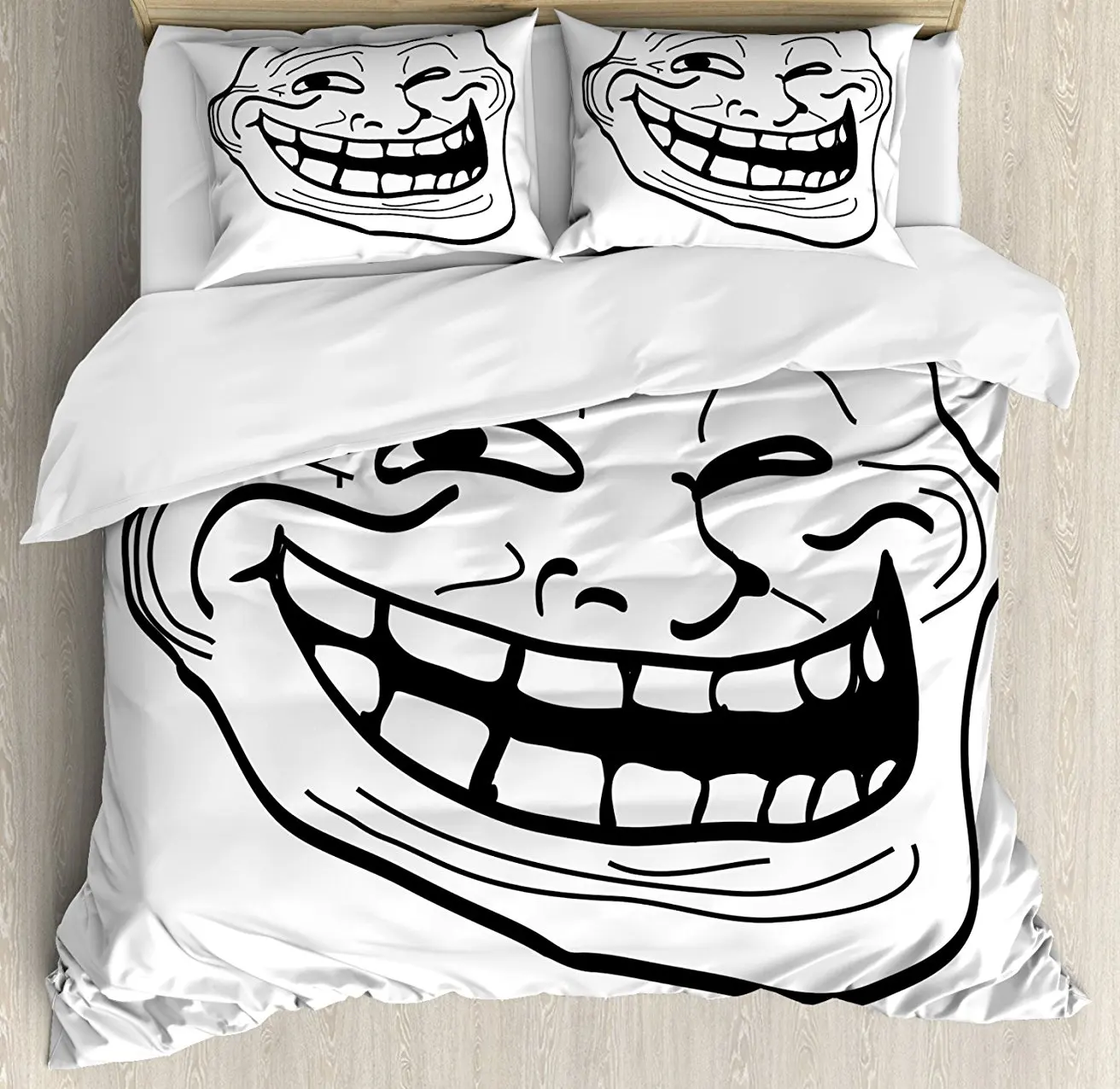

Humor Duvet Cover Set, Cartoon Style Troll Face Guy for Annoying Popular Artful Internet Meme Design, 4 Piece Bedding Set