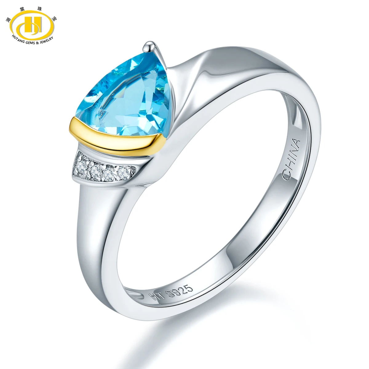 

Hutang 1.4ct Genuine Swiss Blue Topaz Ring Solid 925 Sterling Silver & Yellow Gold Plated Gemstone Fine Jewelry Rings for Women