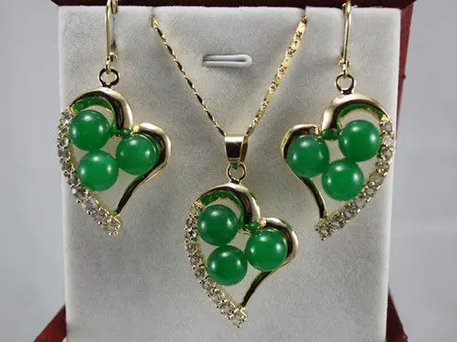 

1906 Turquoise green jade red coral heart-shaped Pendant Necklace Earrings set