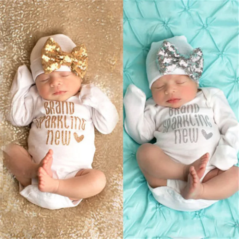 2Pcs Sequined Newborn Infant Baby Girls Boys Bodysuit Clothes Cute Letter Jumpsuit Hat 2pcs Cotton Outfit Baby Girl Clothes Set