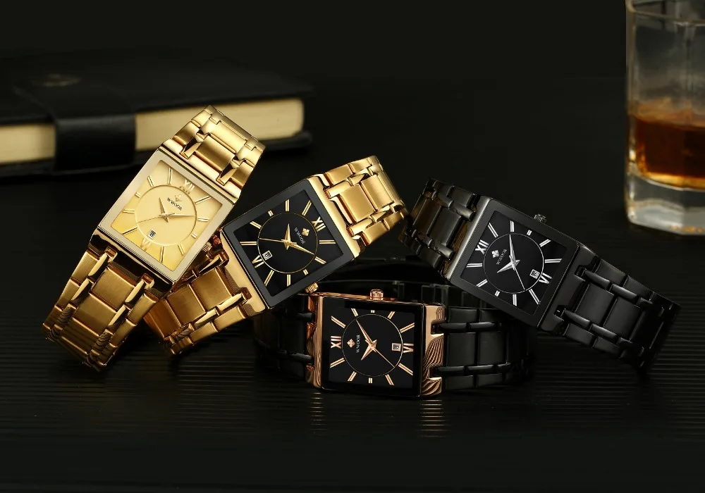 Золотые Роскошные Брендовые мужские часы, деловые часы, мужские военные кварцевые квадратные часы, ремешок из нержавеющей стали, повседневные наручные часы, подарок