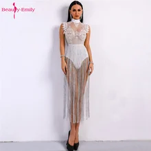 Beauty Emily 2019 Sexy Hollow Lace Tight Jumpsuit Tassel Sleeveless Open Back Net High Neck Rompers