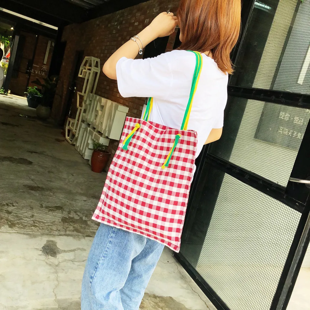 

OCARDIAN Simple Women Lattice Canvas Colorful Ribbons High Capacity Tote Ladies Casual Solid Color Shoulder Bags Dropship May30