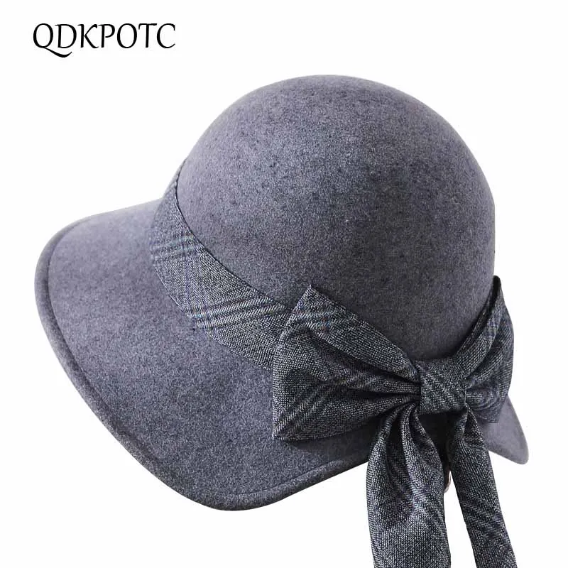 

QDKPOTC 2018 New Brand Quality Female Fedoras Bow Ribbon Wool Felt Hat Personality Design Bucket Topper Autumn Winter Hats Women