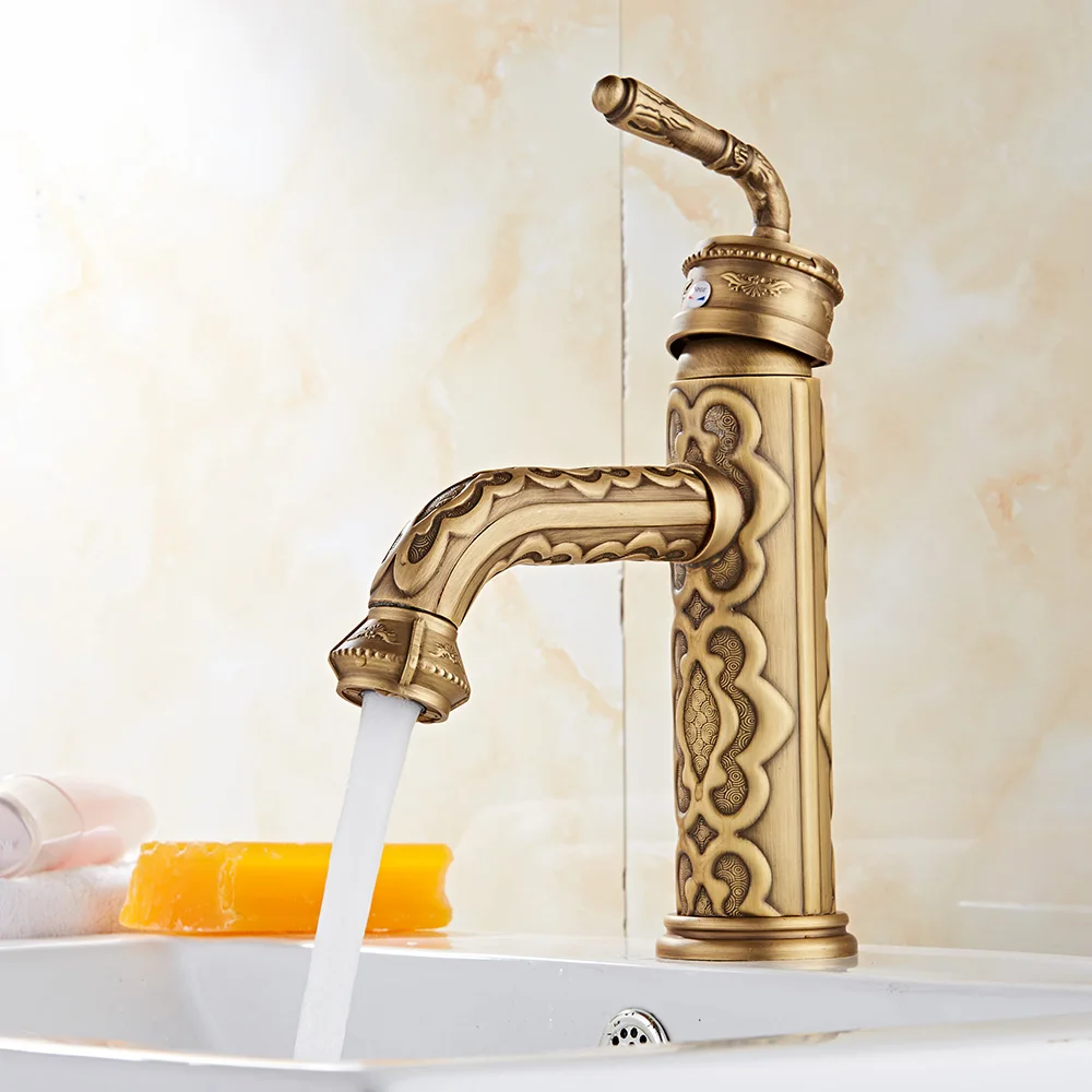 GIZERO خمر الخيزران شكل الحنفيات العتيقة النحاس منحوتة حوض للحمام بالوعة صنبور شلال صنبور الغرور خلاط الصنابير GI38A