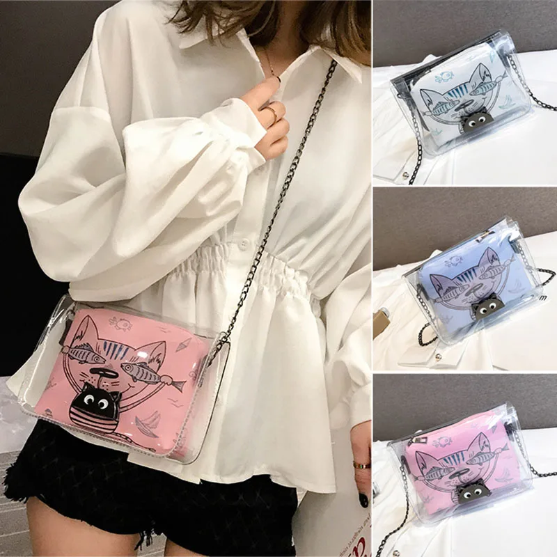 

Women Cartoon Animal Print Transparent Shoulder Bag with Adjustable Metal Chain Popular