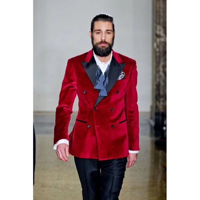 Latest Coat Pant Designs Red Velvet Suits Men Formal Slim Fit Tailed Double Breasted Prom Groom