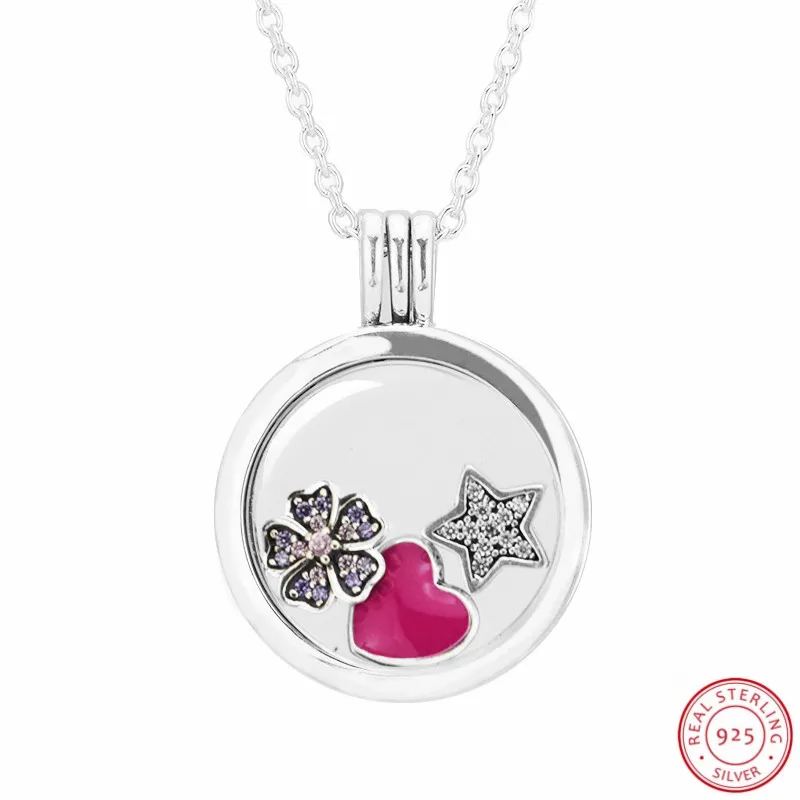 

75cm Large Floating Locket Star &Magenta Heart & Cherry Blossom Petite Pendant Necklaces for Women Silver 925 Jewelry FLN028G