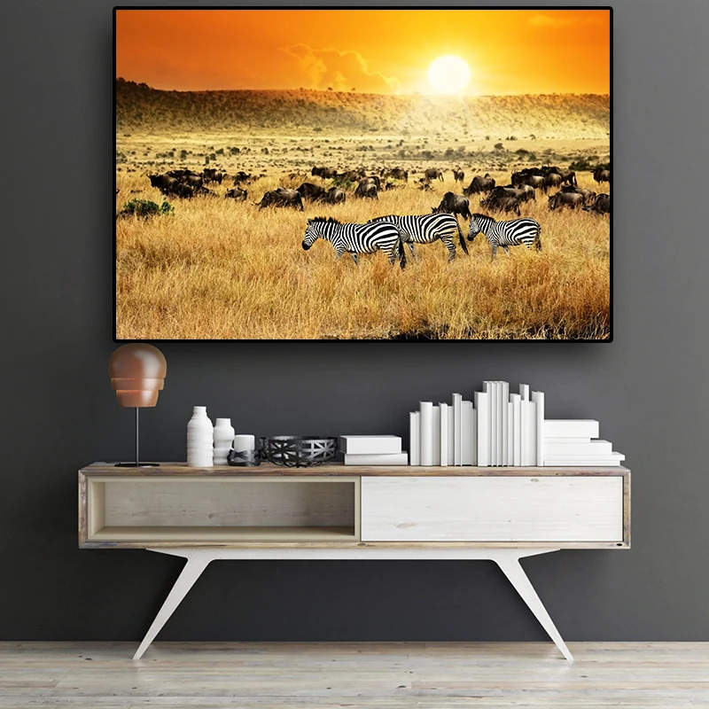 

African Zebra Sunset Oil Painting on Canvas Abstract Landscape Posters and Prints Scandinavian Art Wall Picture for Living Room
