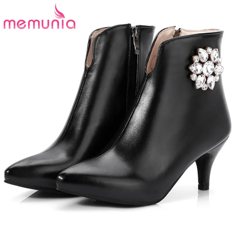 

MEMUNIA Rhinestone PU solid zip fashion boots female in spring autumn ankle boots for women shoes high heels big size 34-45