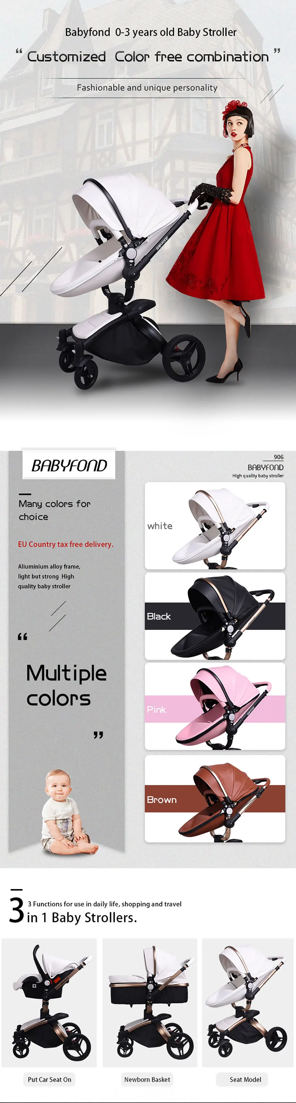 Брендовая детская коляска 3 в 1, кожаная, амортизирующая, для новорожденных, детская коляска на колесиках, европейская детская коляска, подарок babyfond