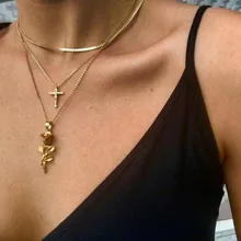 Fashion Elegant Multi Layered Cross Pendant Choker Necklace For Women Gold Color Long Chain Charm Flower Colar Necklace Jewelry attractive solid color pendant multi layered women s necklace