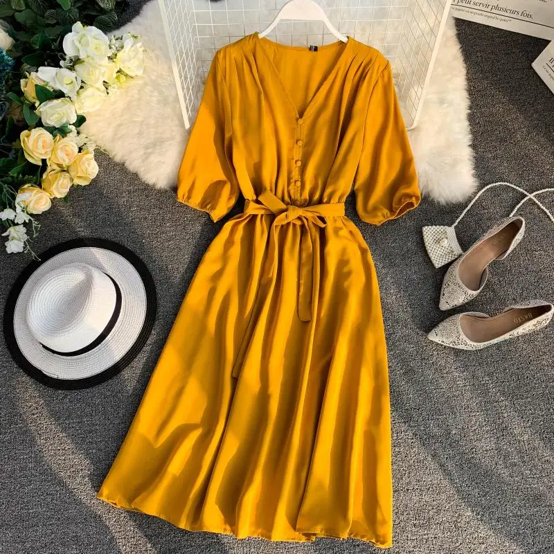 Женское однотонное платье с v образным вырезом повседневное приталенное рукавом